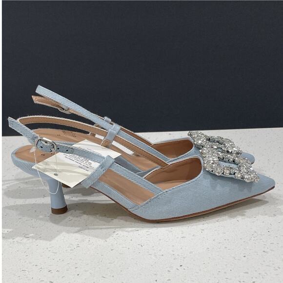 NEW Slingback Heels Rhinestone Blue Denim Sz 5 A New Day - Picture 5 of 8